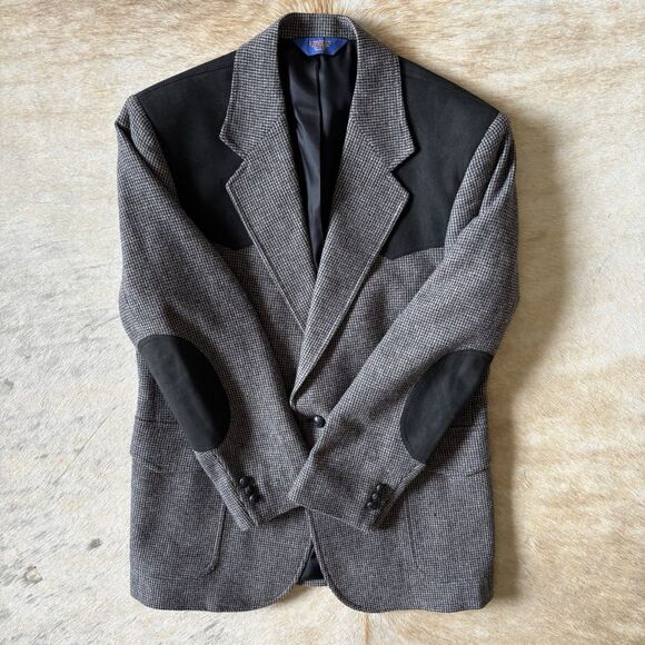 Pendleton Blazer Men 42 Wool Tweed Houndstooth Elbow Patch Western Sport Coat - Picture 15 of 16